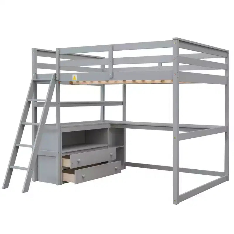 Lit mezzanine double avec bureau, étagère et deux tiroirs intégrés