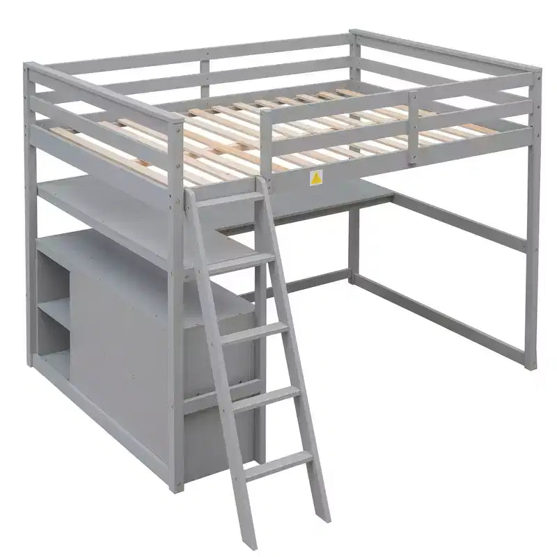 Lit mezzanine double avec bureau, étagère et deux tiroirs intégrés