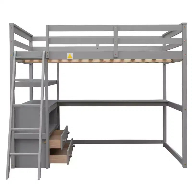 Lit mezzanine double avec bureau, étagère et deux tiroirs intégrés