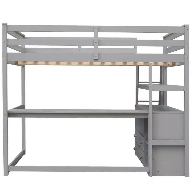 Lit mezzanine double avec bureau, étagère et deux tiroirs intégrés