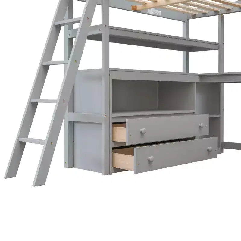 Lit mezzanine double avec bureau, étagère et deux tiroirs intégrés