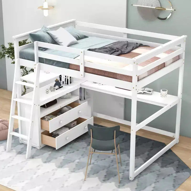 Full Size Loft Bed with Desk, Shelf and Two Built-in Drawers