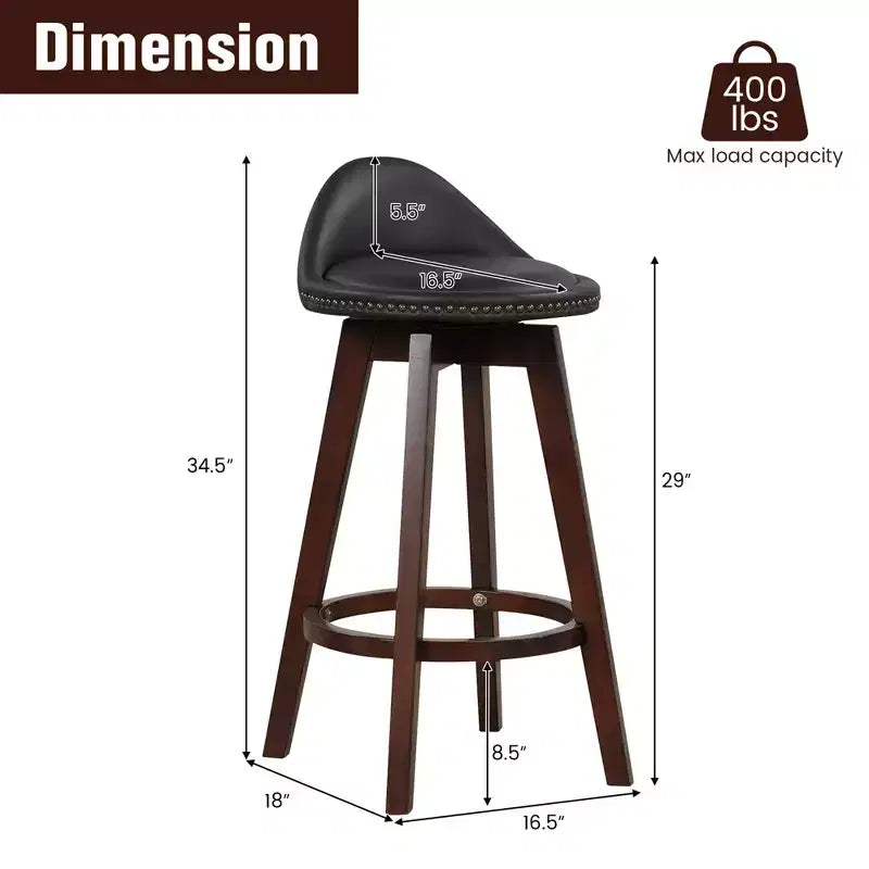 Set of 2 Upholstered Swivel Barstools 29'' Wooden Dining Chairs with Low Back Black