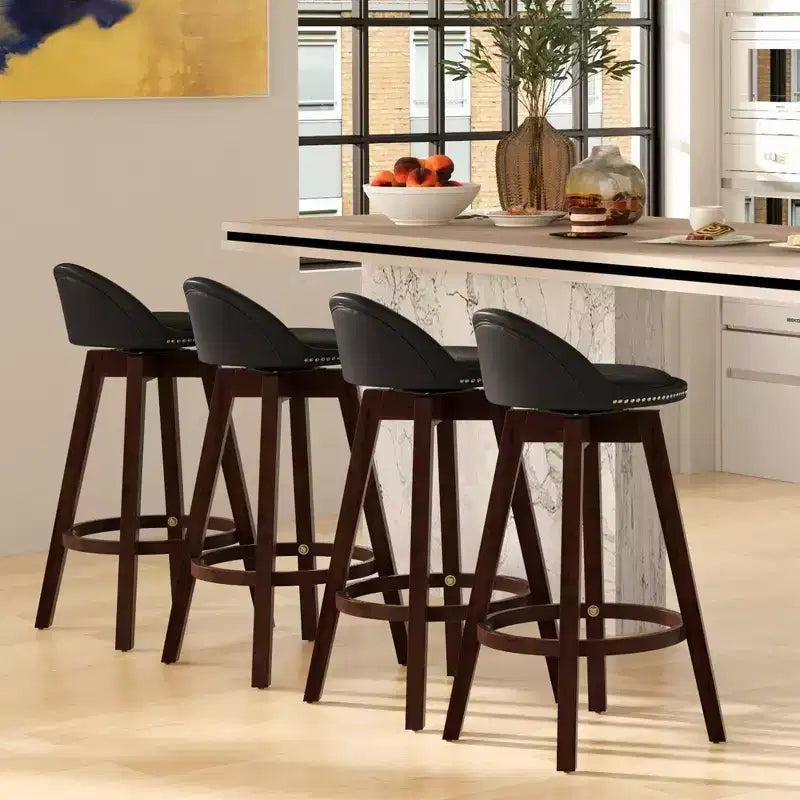 Set of 2 Upholstered Swivel Barstools 29'' Wooden Dining Chairs with Low Back Black