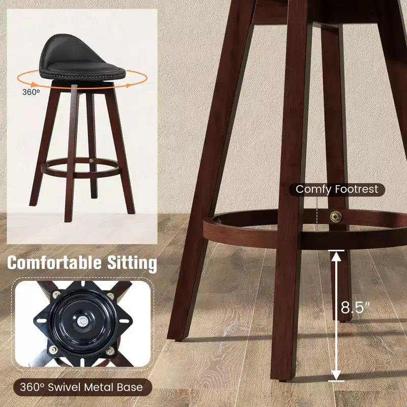 Lot de 2 tabourets de bar rembourrés pivotants, chaises de salle à manger en bois de 74 cm avec dossier bas, noir