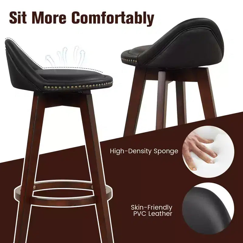 Lot de 2 tabourets de bar rembourrés pivotants, chaises de salle à manger en bois de 74 cm avec dossier bas, noir