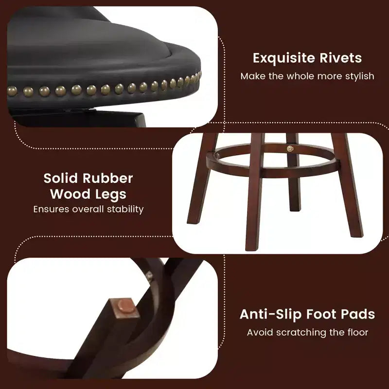 Lot de 2 tabourets de bar rembourrés pivotants, chaises de salle à manger en bois de 74 cm avec dossier bas, noir