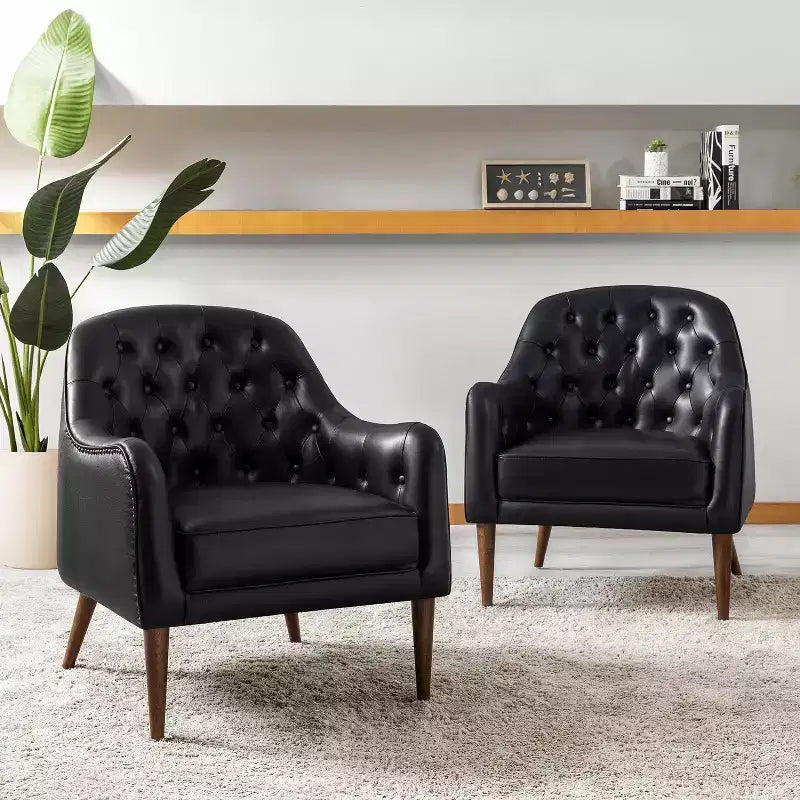 Lot de 2 fauteuils d'appoint en cuir véritable capitonné de 72 cm de large avec pieds en bois massif pour le salon