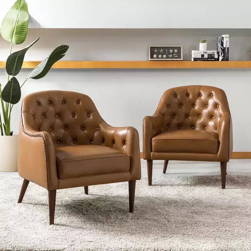 Lot de 2 fauteuils d'appoint en cuir véritable capitonné de 72 cm de large avec pieds en bois massif pour le salon