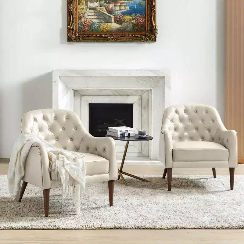 Lot de 2 fauteuils d'appoint en cuir véritable capitonné de 72 cm de large avec pieds en bois massif pour le salon