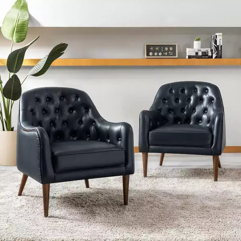 Lot de 2 fauteuils d'appoint en cuir véritable capitonné de 72 cm de large avec pieds en bois massif pour le salon