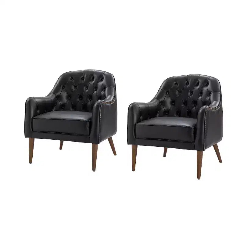 Set of 2 28.5 Wide Tufted Genuine Leather Wood Legs Accent Barrel Chair for Living Room with solid wood legs