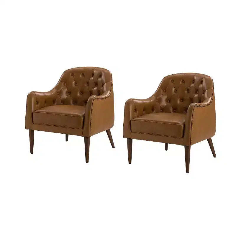 Set of 2 28.5 Wide Tufted Genuine Leather Wood Legs Accent Barrel Chair for Living Room with solid wood legs
