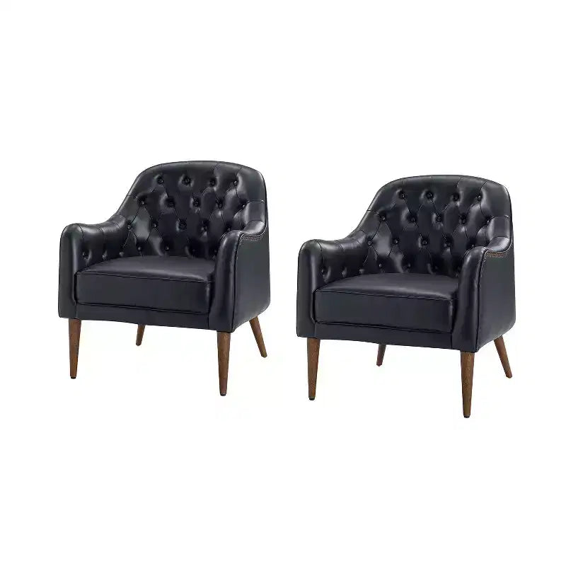 Set of 2 28.5 Wide Tufted Genuine Leather Wood Legs Accent Barrel Chair for Living Room with solid wood legs